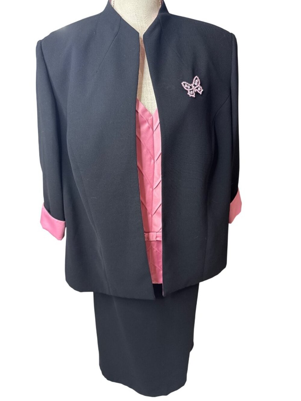 Positive Attitude Womens Black & Pink 3-Piece Skirt Suit W/ Jacket & Sleeveless